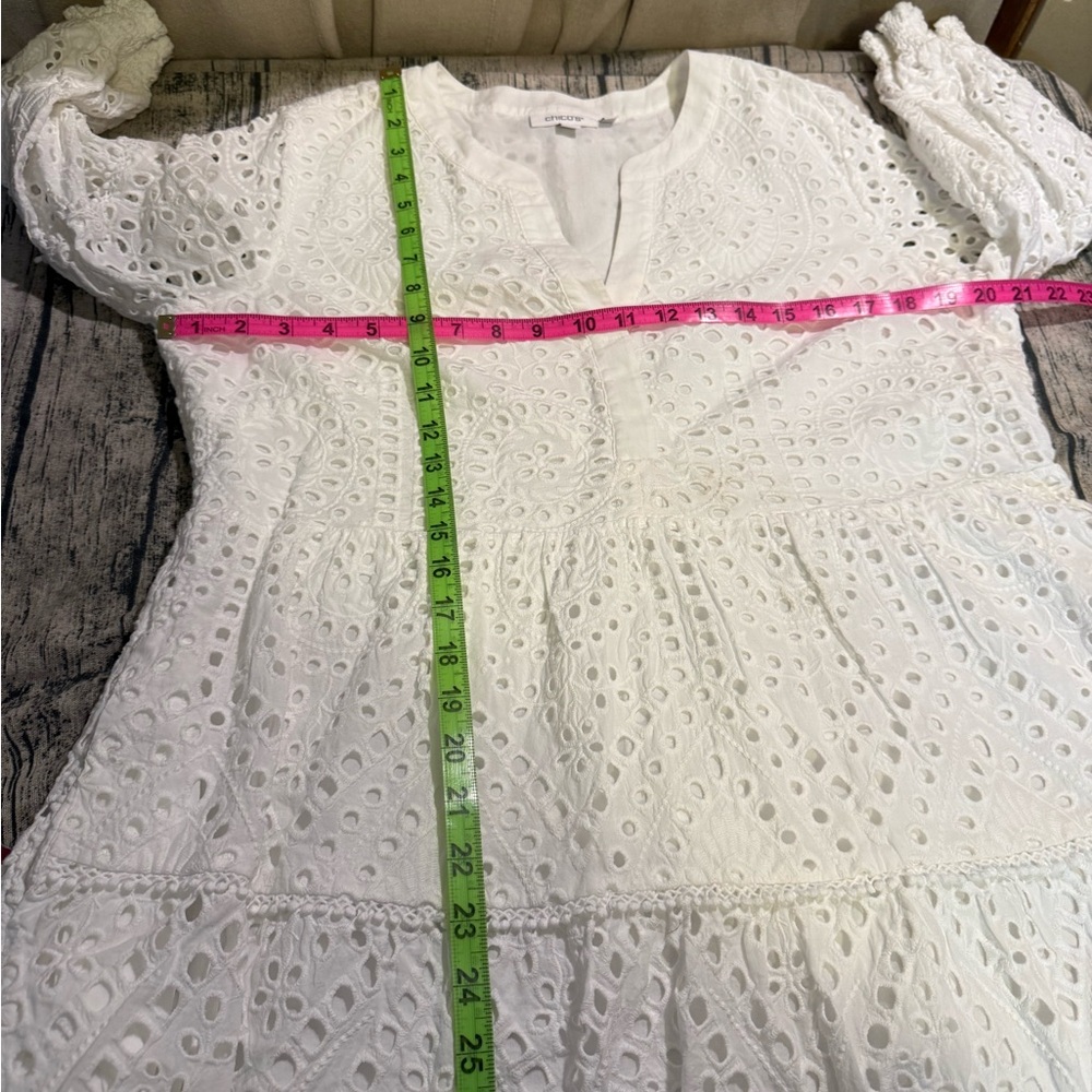 Chico’s White Eyelet Tiered V Neck Dress 12 Cottagecore Cotton Summer Spring - Picture 15 of 17